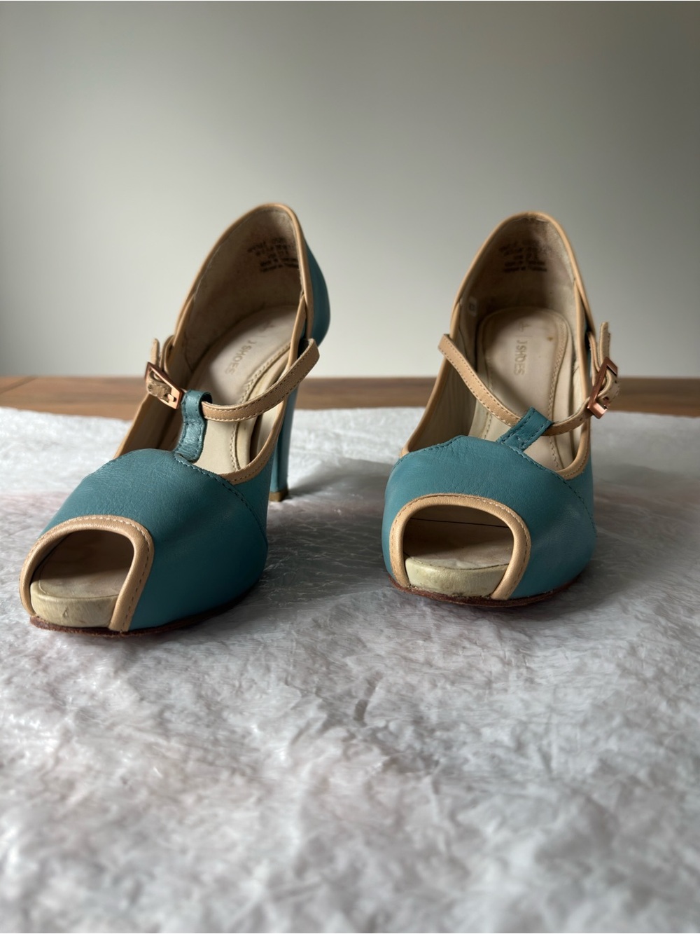 Teal and Beige Peep-Toe High Heels